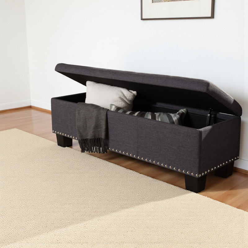 Banc de rangement rembourré en polyester Ahrens au fini gris foncé, H 17,32 po x l 52,17 po x P 16,73 po, Gris