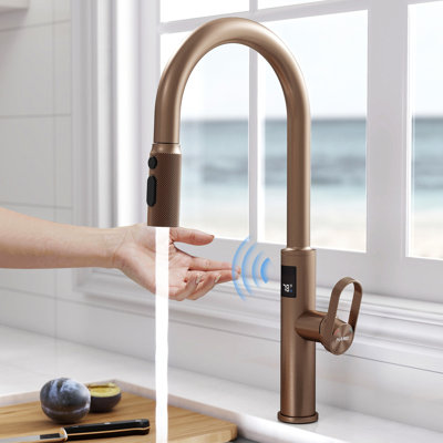 MASO Touchless Kitchen Faucet with Pull-Down Sprayer, Fahrenheit Temperature Display, 3 Spray Modes, 360° Swivel, Commercial Modern Faucet for RV, Farmhouse, Camper, Laundry & Bar,Brushed Rose Gold