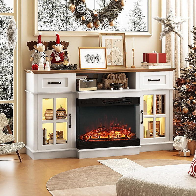 Fireplace TV Stand, White – Modern Electric Fireplace Console With 3-Sided Glass Heater, LED Light Strip, Drawers & Glass Doors For Tvs Up To 65"