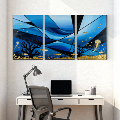 Abstract Ocean Waves Coral Fish Jellyfish Gold Set of 3 Canvas Wall Art Prints