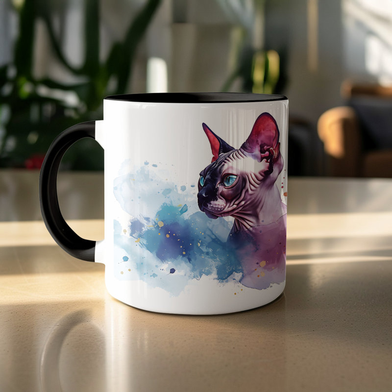Cat Design 11oz Accent Mug – White Ceramic Coffee Cup with Colored Handle and Interior, 4, Black