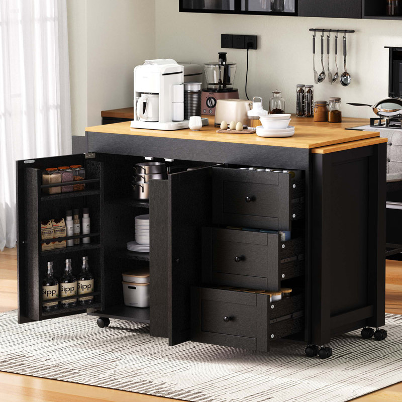 74.8" Kitchen Island With Extendable Dining Table, Kitchen Storage Cart With 3 Drawers, Power Outlet, Rolling Kitchen Island On Wheels With Spice Rack And 2 Door Cabinet, For Kitchen