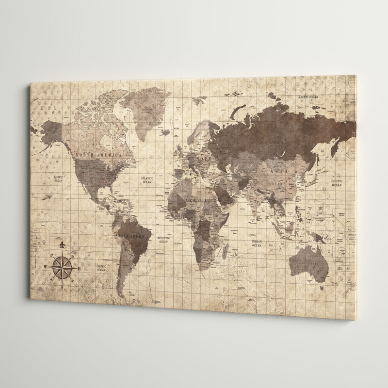 Carte du monde délavée - impression sur toile, H 32 po x l 48 po, Toile tendue, Sans cadre