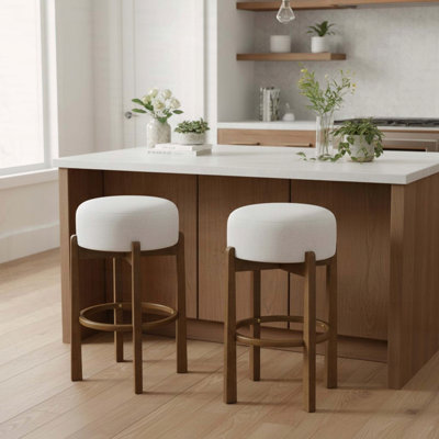 Tabouret de bar d'intérieur en bois avec finition noyer foncé et revêtement ivoire, ensemble de 2