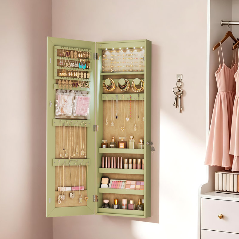 Armoire à bijoux 42,5 po avec lumières DEL, armoire à bijoux murale / suspendue, Vert