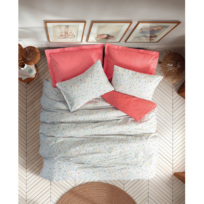Ensemble de housse de courtepointe simple Ranforce, couleur corail, 61,0 x 86,6 pouces | 100% coton, 145 fils | Comprend 1 taie d'oreiller (31,5 po x 31,5 po) | Lavable à la machine, impression de pigments élégante, fermeture à boutons durable
