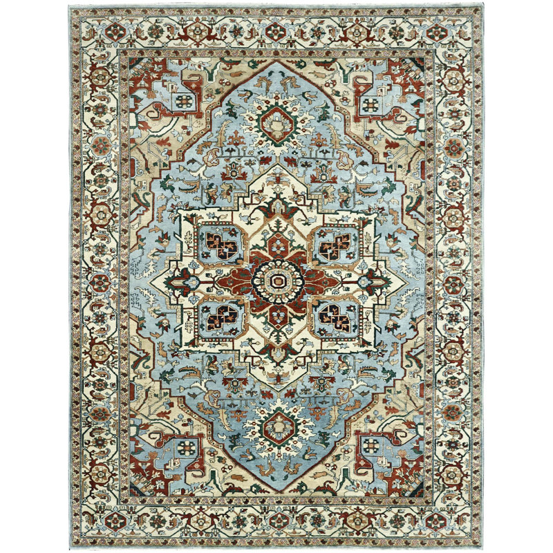 Tapis bleu clair et ivoire noué à la main de haute qualité, Rectangle 6 pi x 9 pi