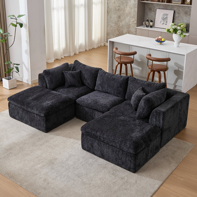 Canapé modulaire rembourré et désossé 6 pièces 6 pièces, Chenille noir, H 25,6 po x l 113 po x P 70,9 po