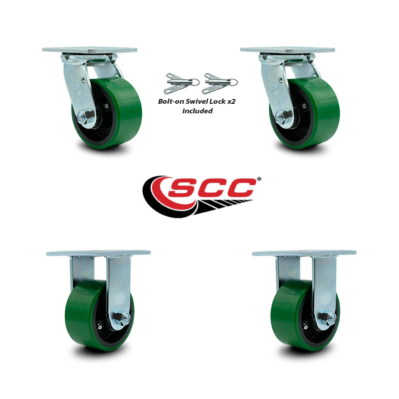 Ensemble de roulettes 4 po en poly vert avec roulements à rouleaux 2 verrous pivotants 2 rigides / SCC-30CS420-PUR-FR-BSL-2-R-2
