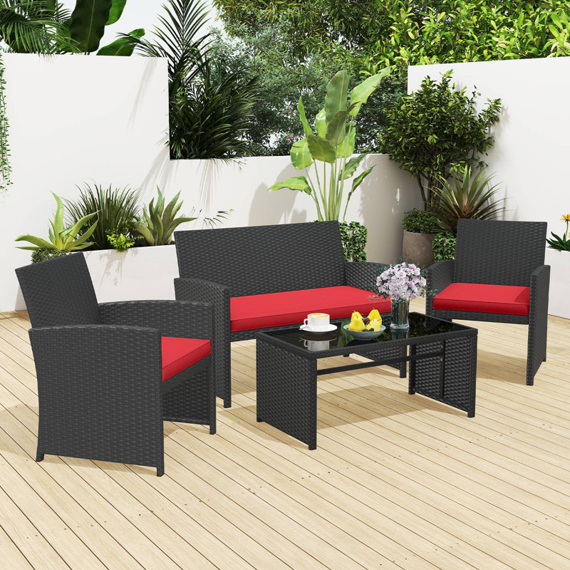 Set of 4 Patio Conversation Set w/Seat Cushions & Tempered Glass Tabletop Porch Outdoor, Red