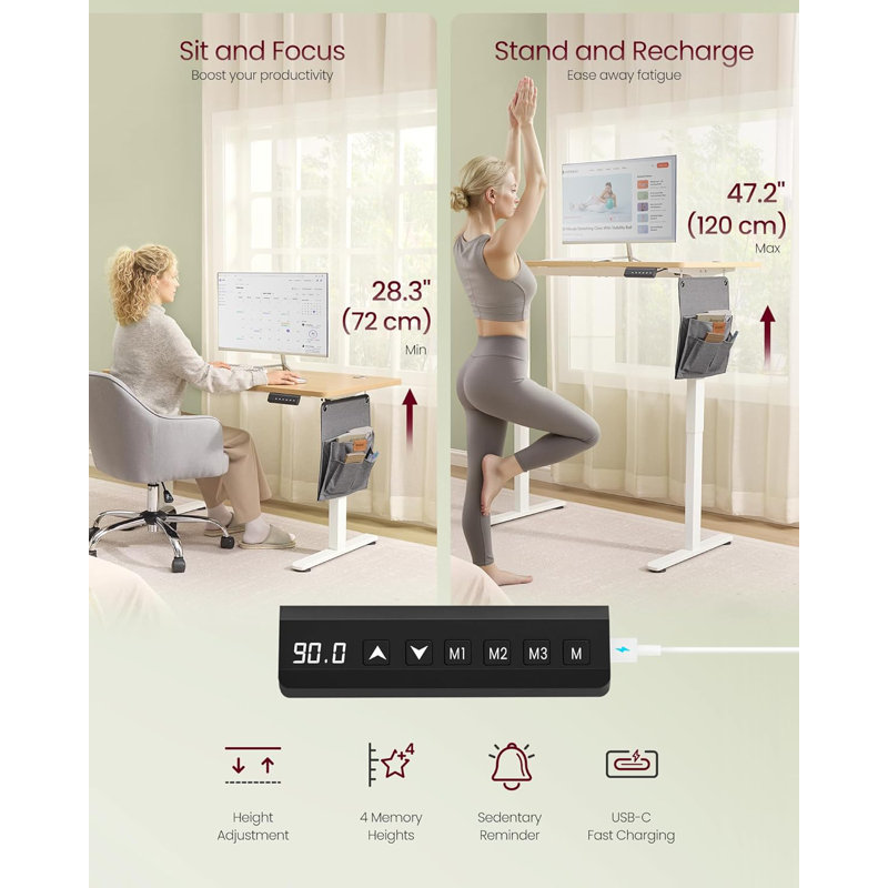 Adjustable Metal Base Standing Desk, 120cm H x 120cm W x 60cm D, Golden Oak/White