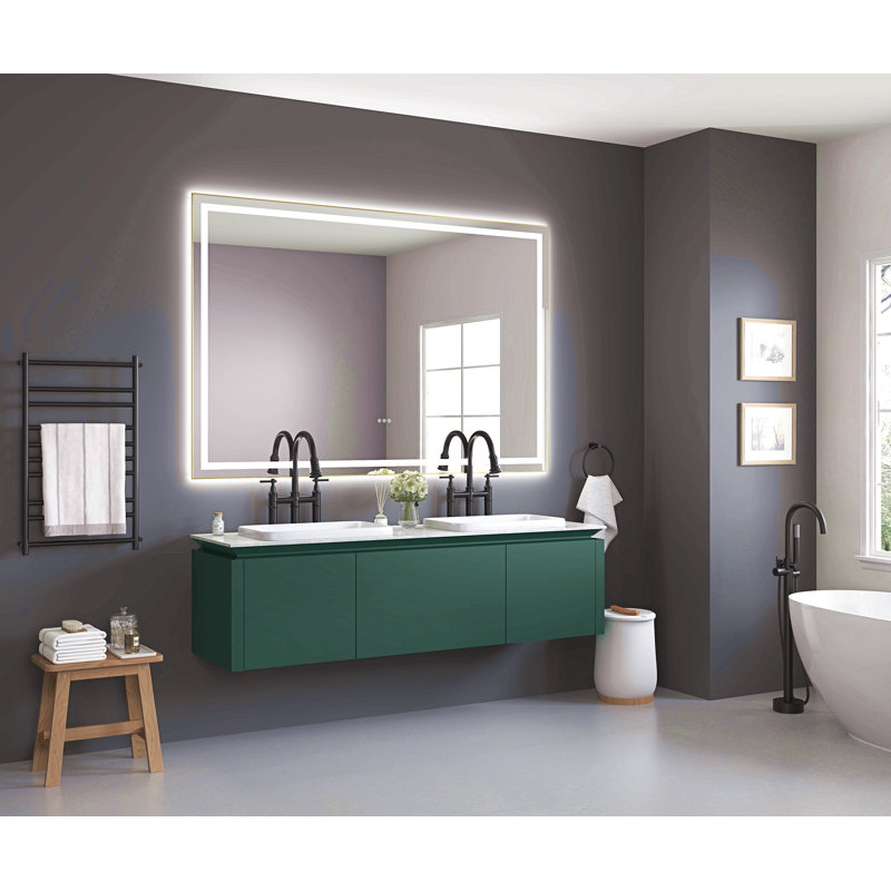 Miroir de salle de bain 60 po x 48 po à DEL avec façade et rétroéclairage, miroir de meuble-lavabo mural avec cadre en aluminium, antibuée, mémoire, 3 couleurs, gradation continue