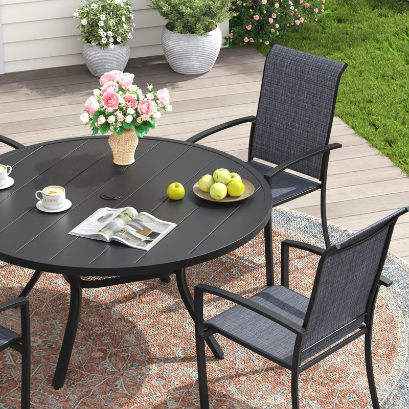 Ensemble repas d'extérieur 41 po avec 4 chaises empilables PVC-coated polyester, Noir / Noir