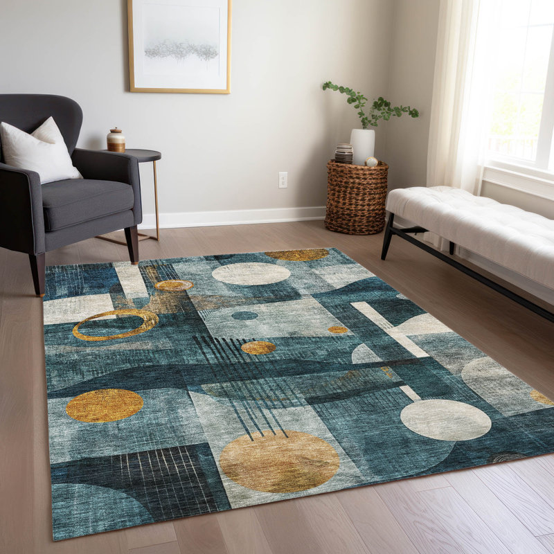 Teal and Gold Geometric Washable Synthetic Area Rug