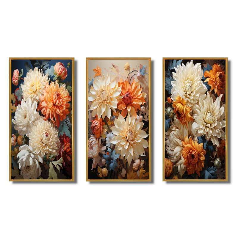 «Chrysanthemums Autumn Collage», 3 pièces sur toile, H 32 po x l 48 po, Encadrement doré