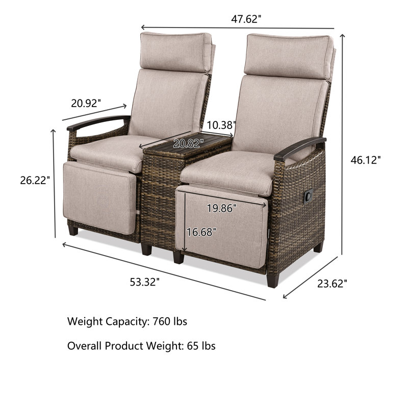 Outdoor Wicker Reclining Loveseat With Storage Table, Beige Cushion/Brown Frame