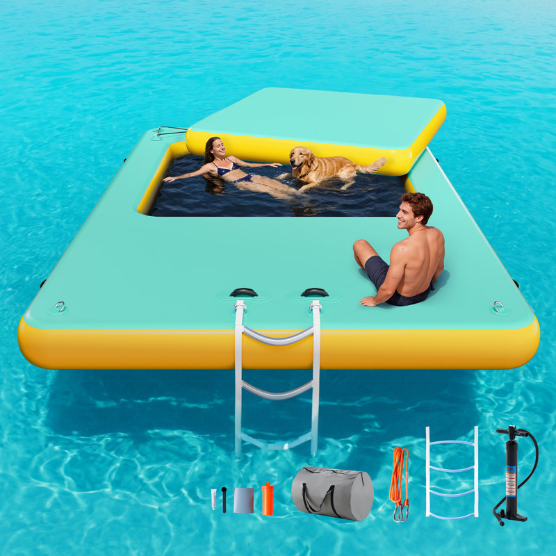 Plateforme de quai flottante gonflable, conception 2 en 1 avec centre en filet, L 12 pi x l 8 pi, surface en PVC antidérapante