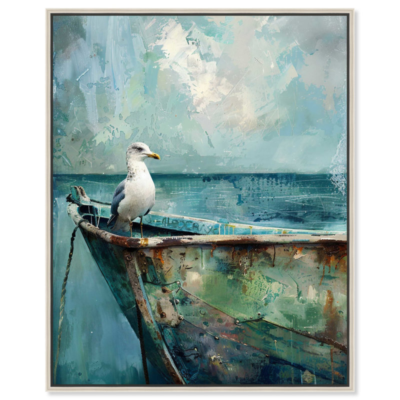 Seagull and Boat Coastal Canvas Art with Silver Frame