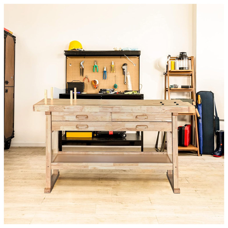  60" Rubber Hardwood Workbench, 4 Drawers, 450 lbs Weight Capacity