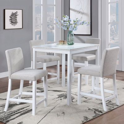 5 Piece Counter Height Table Set, Wooden Kitchen Table Set With Square Table And 4 Upholstered Chairs, Counter Height Dining Table With Crystal Decoration And Chair Set For Kitchen, Dining Room,White