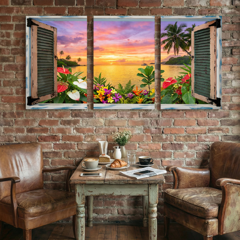 Paysage et nature Coucher de soleil tropical à travers une fenêtre avec des fleurs, H 30 po x l 60 po