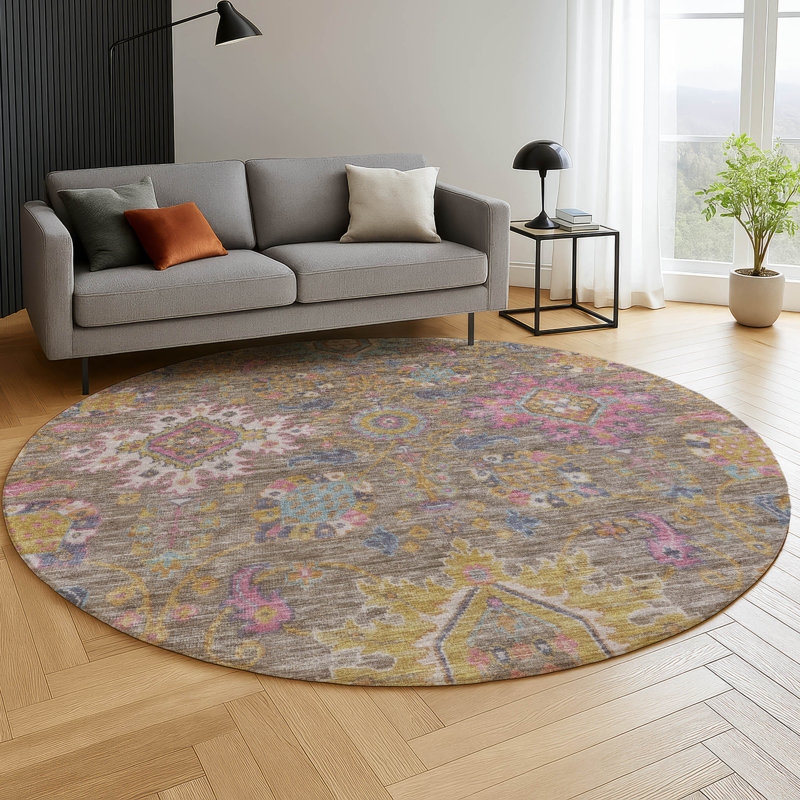Premium Machine Washable Mayfield AMF2151 medallions Rug, Mocha, Round 8'