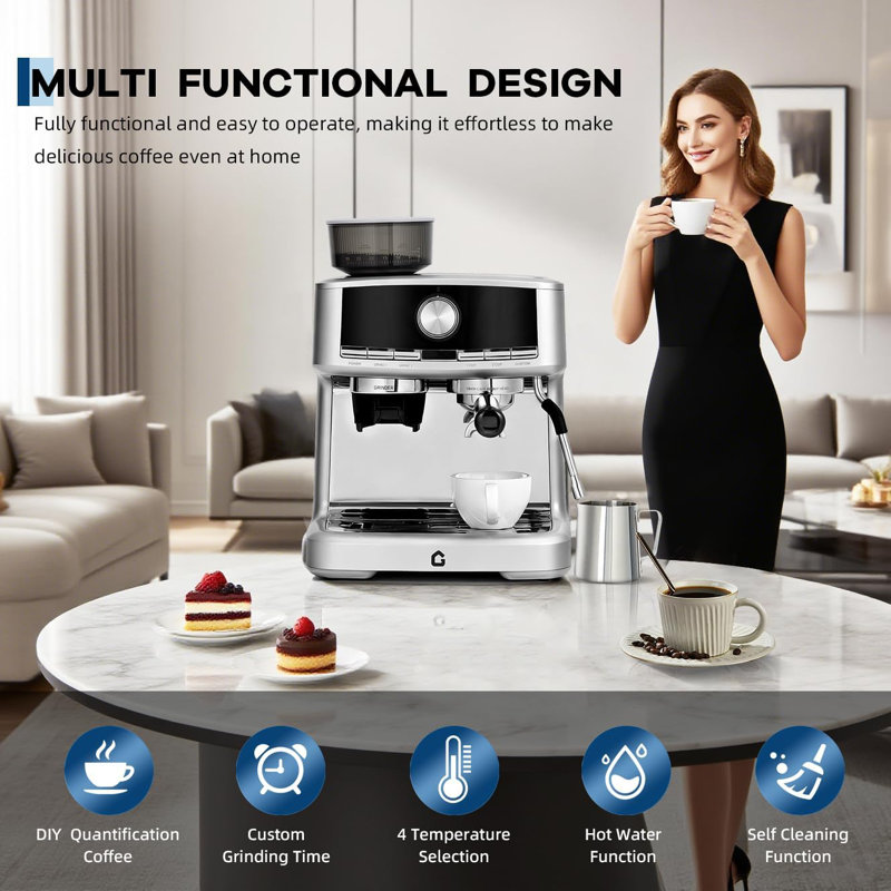 Machine à café espresso, acier inoxydable avec moulin intégré, pression de 20 bars, réservoir d'eau amovible de 1,5 L, buse à vapeur pour le lait et le cappuccino