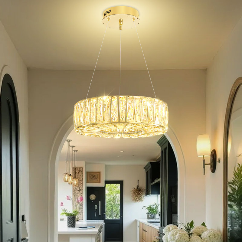 Lustre moderne doré de 40 cm (16 pouces) avec anneau, suspension ronde en cristal pour le salon, la chambre et la salle à manger.