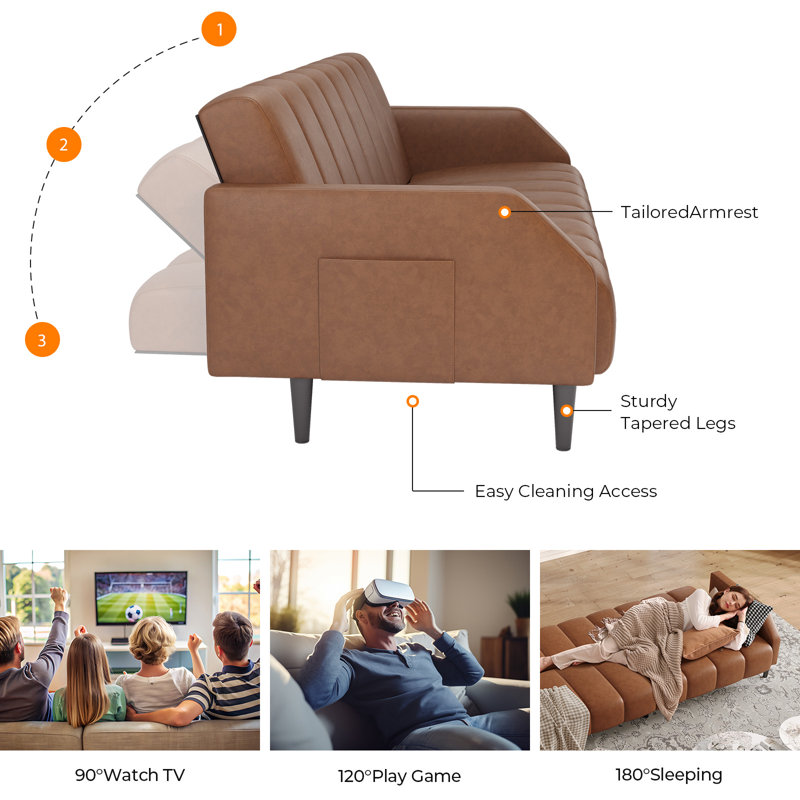 77.56" Faux Leather Convertible Sofa, Futon Couch with Adjustable Backrest for Small Spaces, Living Room, Office, Dark Brown
