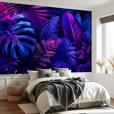 Papier peint adhésif à motif mural plantes tropicales colorées, forêt, lueur foncée, papier autocollant amovible, décoration murale pour salon, chambre à coucher H 69 po x l 96 po