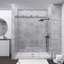 Porte de douche coulissante double sans cadre de 56 à 60 po x H 70 po, verre trempé transparent de 8 mm de diamètre, couche de finition facile à nettoyer, nickel brossé avec système de tampon-128545826