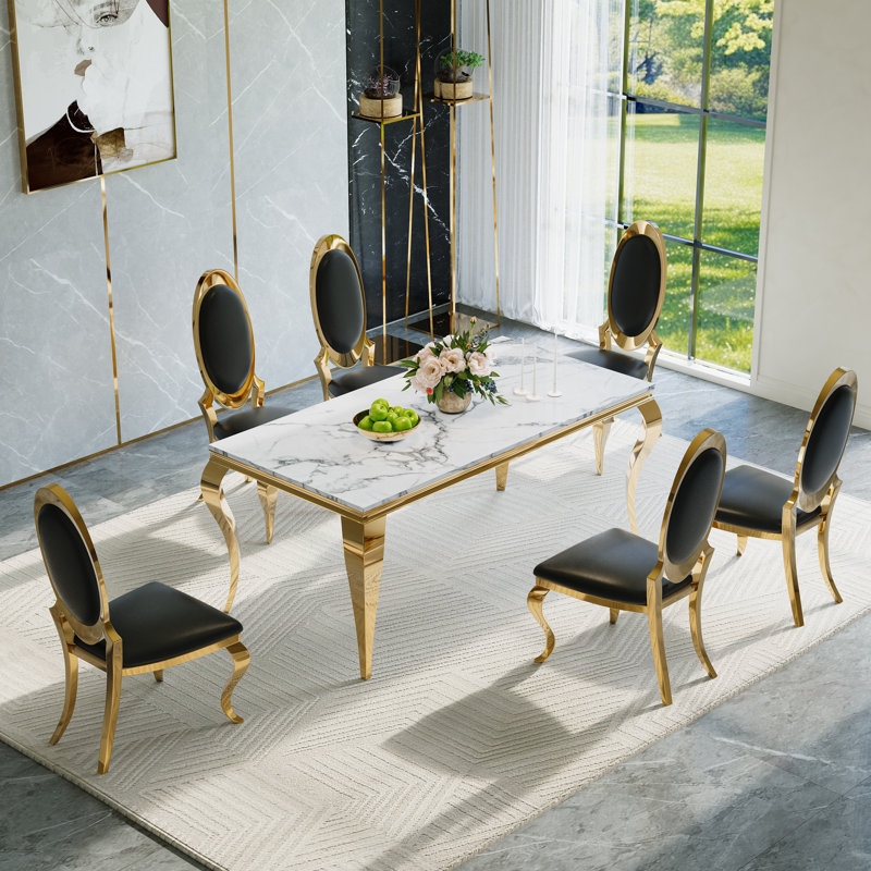 7-Piece Modern Dining Set with Faux Marble Table and  Upholstery Chairs – Seats 6, Stainless Steel Legs, Black/Gold, Gold