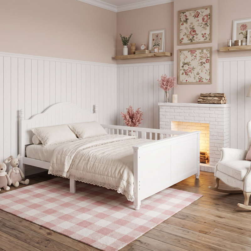 Lit plateforme double en bois pleine grandeur avec tête et pied de lit, barrières de sécurité convertibles, lit bas pour enfant avec rangement sous le lit, disponible en blanc