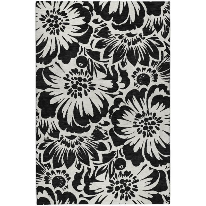 Premium Machine Washable Dream Shag ADS551 Floral Rug, 8' x 10', Black
