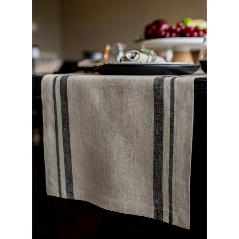 French Stripe - 100% Pure Linen Table Runner, Black/Natural, 120" x 14"