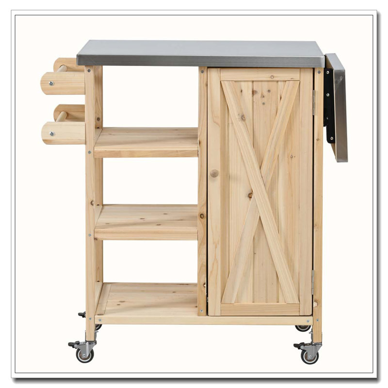 Foldable Outdoor Kitchen Island Patio Kitchen Island Outdoor Kitchen Cart Portable Prep Station with Lockable Wheels, Natural