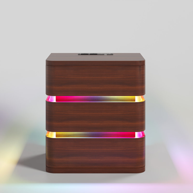 Fully Assembled 3-Drawer Nightstand with Charging Station and Motion Sensor RGB Light, Curved Profil, Walnut