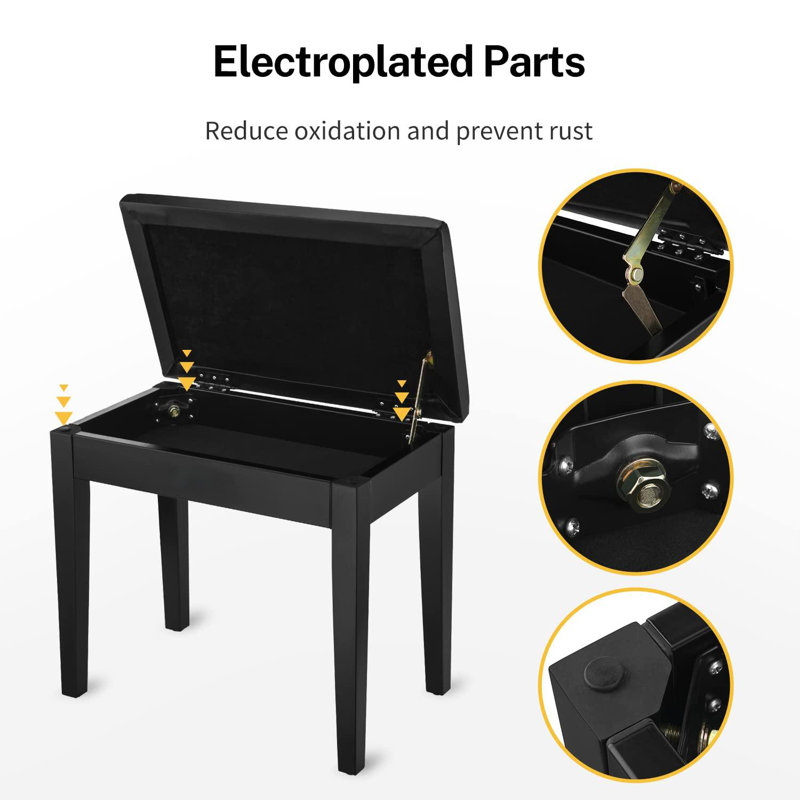 Banc de piano avec rangement, bois et bois, Noir, noir, noir, noir