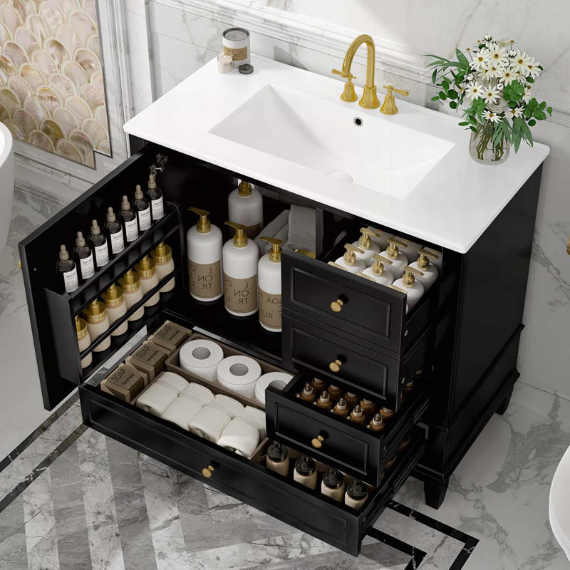 Meuble-lavabo 36 po avec lavabo en céramique, Noir