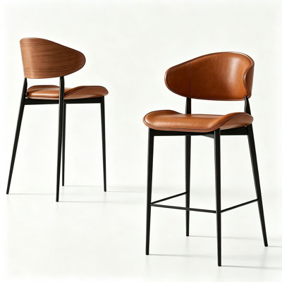 Tabouret de bar moderne en bois courbé avec siège en similicuir, dossier incurvé, hauteur du siège de 61 cm (24 pouces).