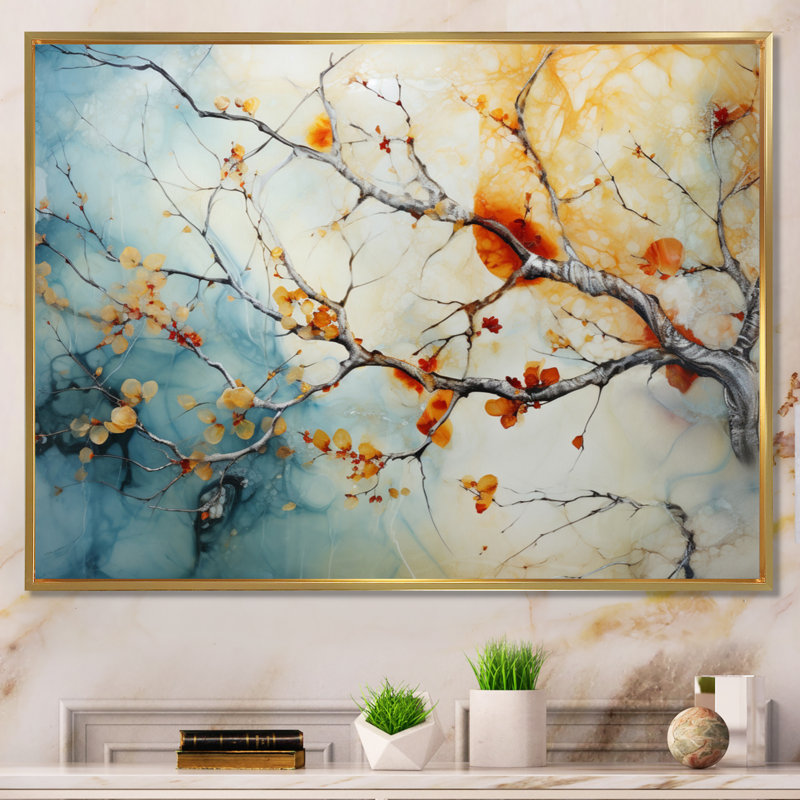 Orange, bleu sarcelle, érable brillant, agate I - arbre érable, art mural, H 16 po x l 32 po x P 1 po, Cadre flottant doré
