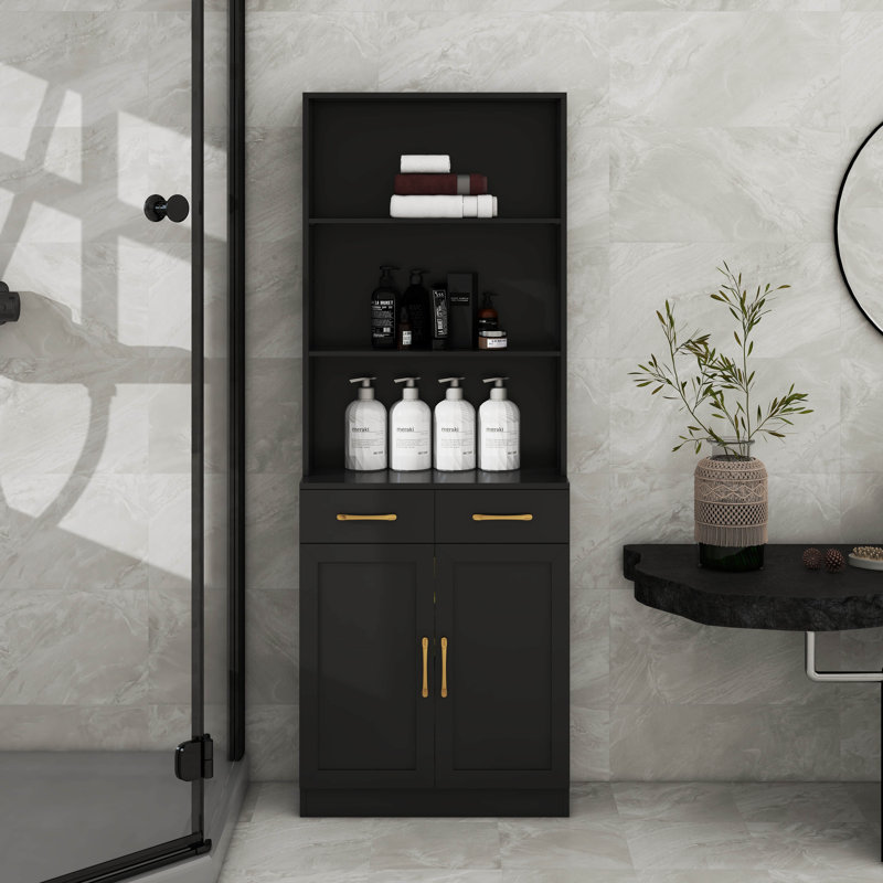 Armoire avec deux portes et tiroirs, tablette réglable, tablette ouverte à trois couches, Noir