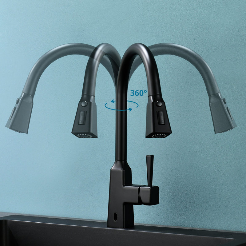 Robinet de cuisine sans contact - Automatique intelligent avec capteur de mouvement de remplissage en céramique de laiton noir escamotable activé pour un fonctionnement en douceur
