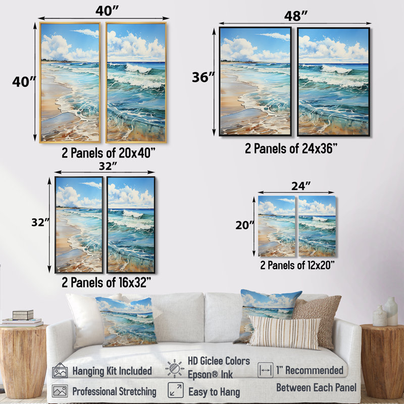 Plage bord de mer reflets pointillisme I - art mural côtier 2 panneaux, H 36 po x l 48 po, Noir