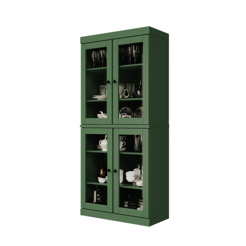 Garde-manger 32 po Kaniesha en bois massif avec portes en verre transparent et tablettes réglables, Vert