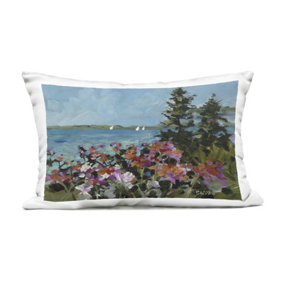 Coastal Flowers with Seascape Outdoor Printed Pillow design by JANE SLIVKA