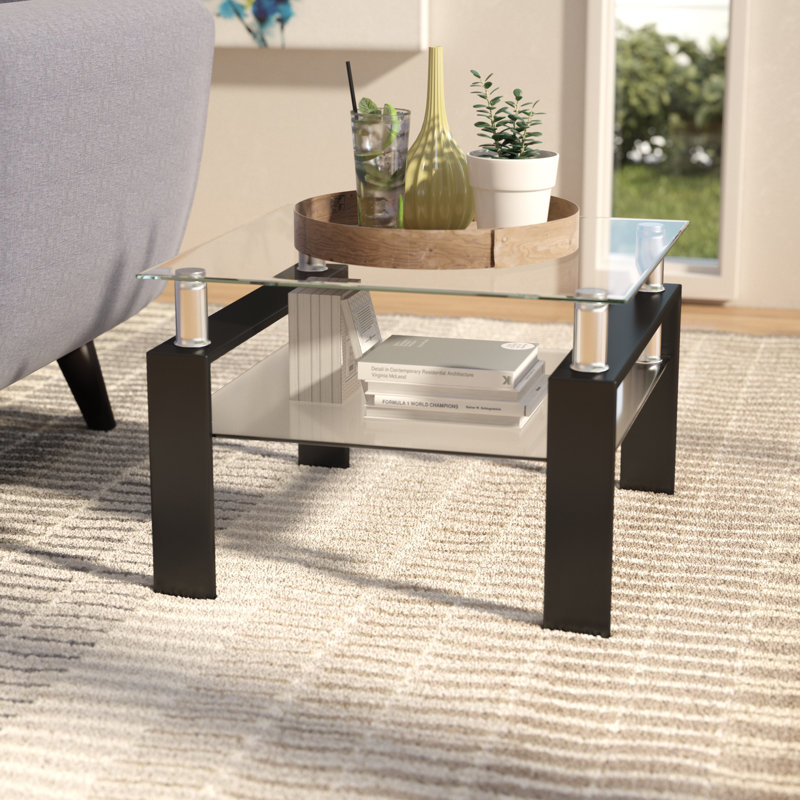Table de bout en verre trempé avec tablette Lasell, Noir
