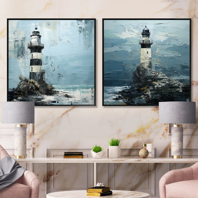 Mysterious Blue And Black Lighthouse - Coastal Square Collage Set Of 2