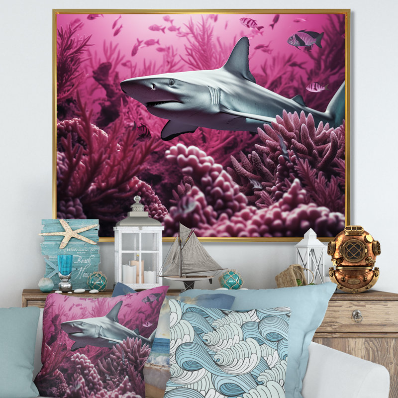 " Hammerhead Purple Sharks ", 16" H x 32" W x 1" D, Gold Floater Framed