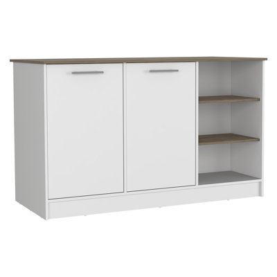 Kitchen Island Two Cabinets, Three Open Shelves, White / Dark Brown